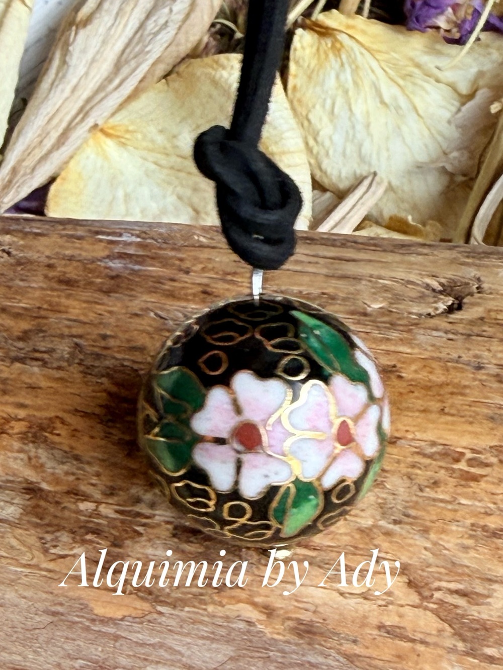 FALL + LONG SUEDE + Black Cloisonné Floral Pendant Necklace - Pink & Green
